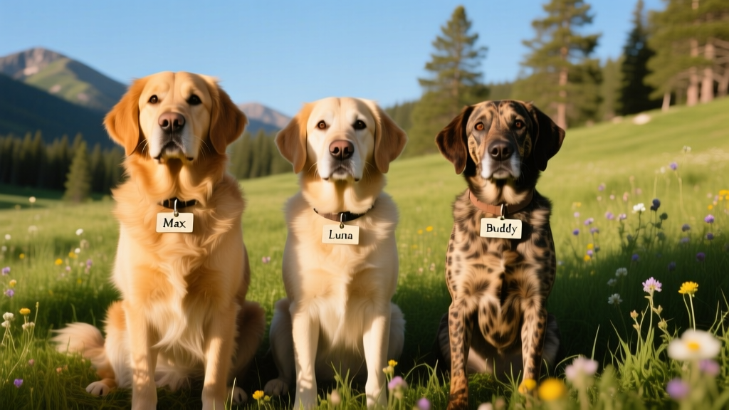 Three friendly, medium-sized dogs sitting side by side on grass, looking calmly at the camera