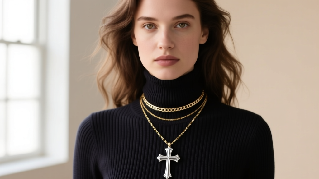Portrait of a woman layering a 16-inch choker and a 20-inch matinee cross necklace over a dark ribbed turtleneck sweater.