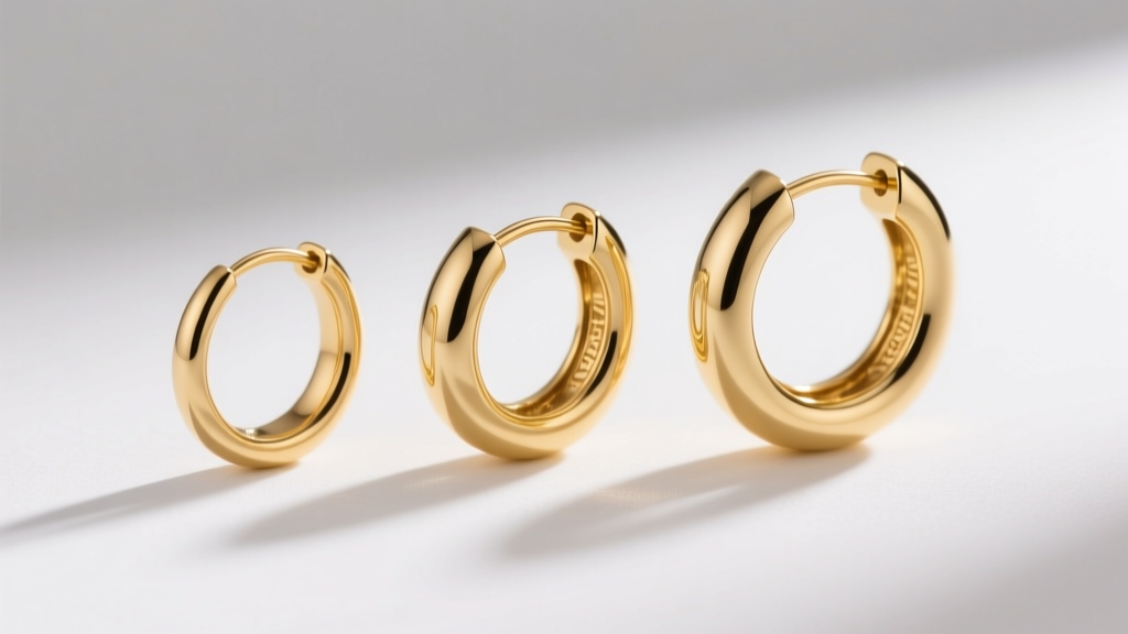 Three 18k gold hoop earrings of varying gauges aligned side-by-side under soft studio lighting on a clean white backdrop.