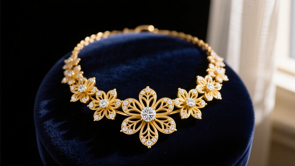 Close up of a vintage 14k yellow gold diamond daisy necklace resting on dark velvet, highlighting the intricate floral setting.