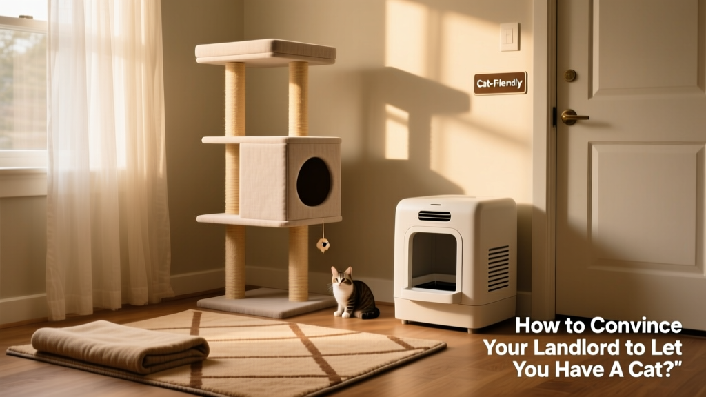 A neatly organized apartment corner showing a cat tree, washable rug, and closed litter box enclosure—all designed to blend seamlessly into a renter-friendly space