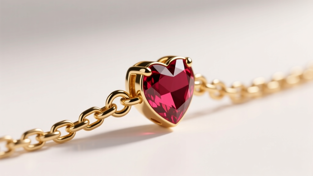 Side view of a 1.2mm gold box chain attached to a ruby heart bail, highlighting the lobster clasp and soldering points.