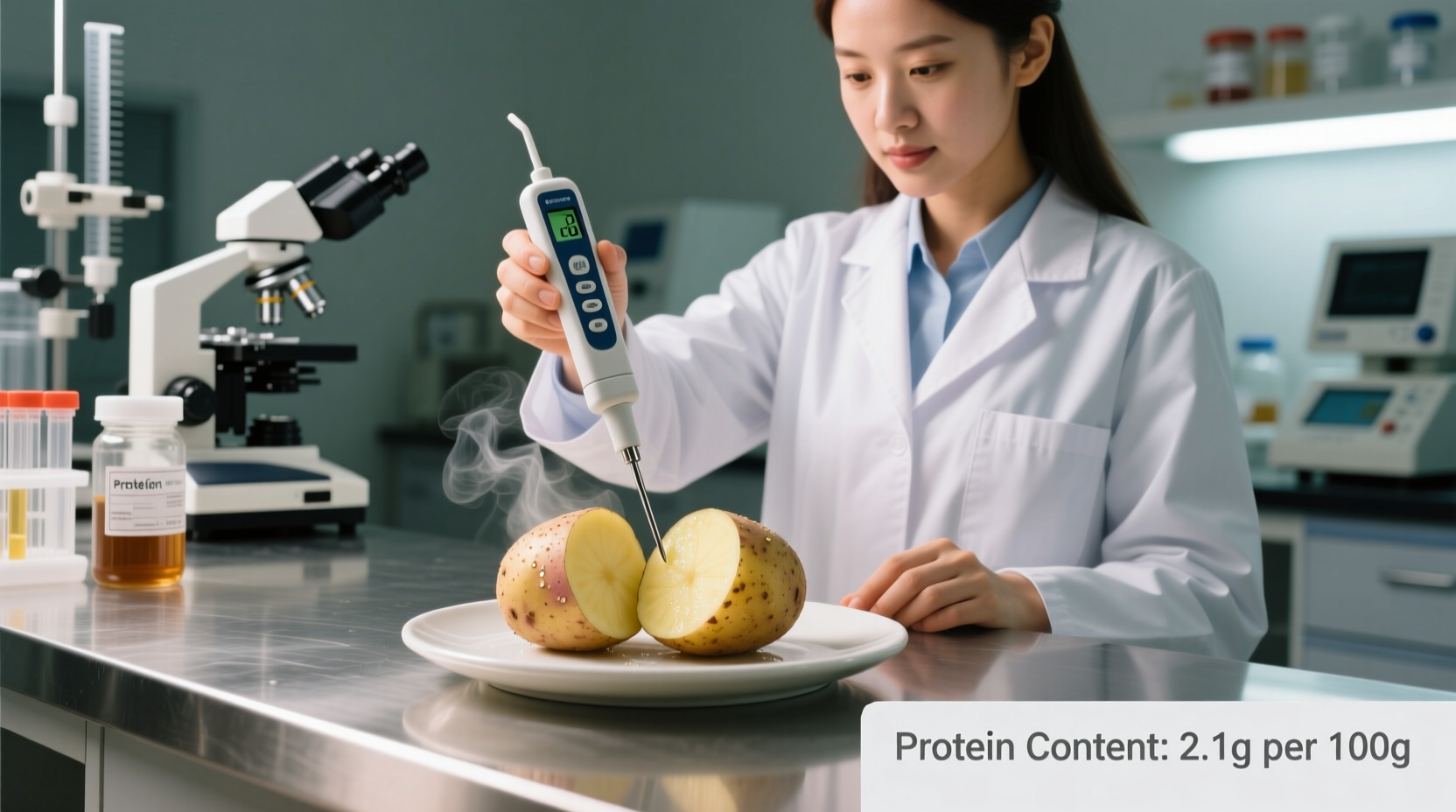 Nutritionist measuring protein content in potatoes