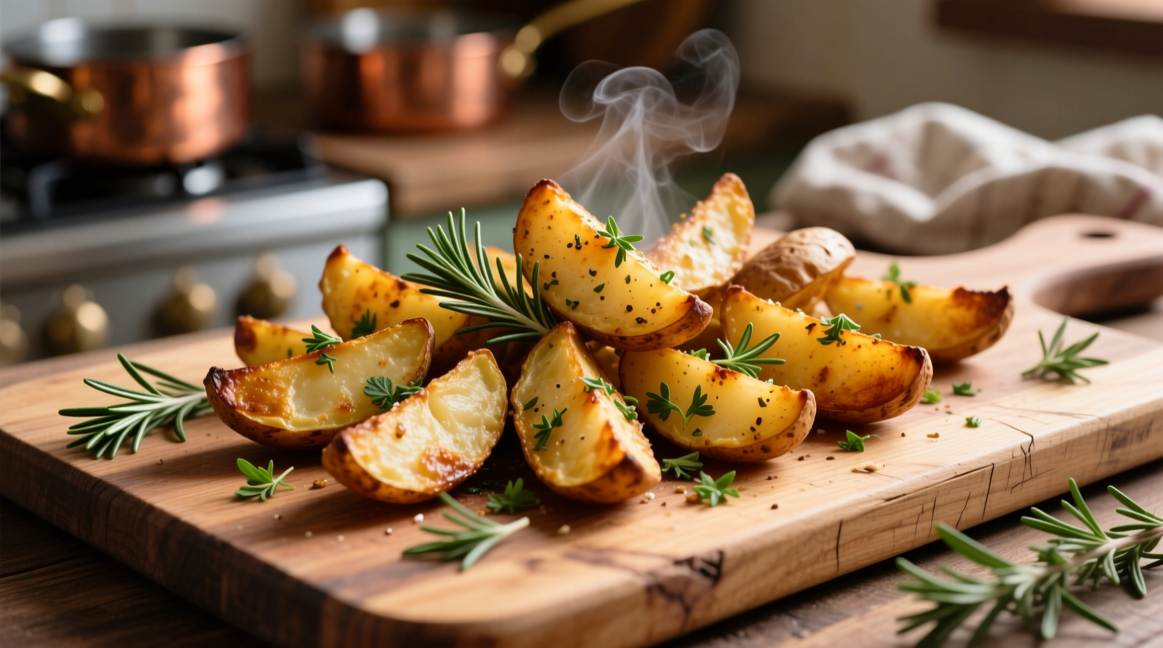 Baked potato wedges with herbs on wooden board