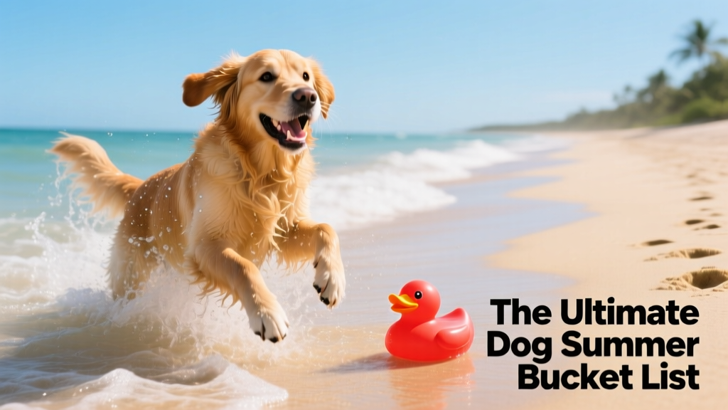 A happy dog splashing in gentle waves at a sunny, sandy beach with a floating toy nearby