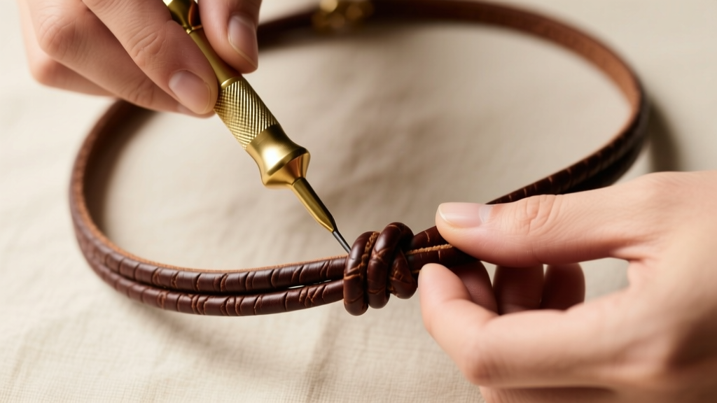 Overhead shot of hands using a brass awl to carefully loosen a tightly jammed adjustable necklace knot on a thick leather cord.