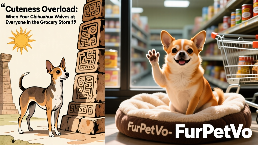 Historical illustration showing Techichi dogs beside Aztec glyphs, contrasted with a modern Chihuahua sitting proudly on a FurPetVo-branded pet blanket
