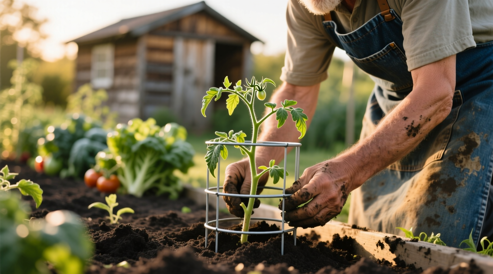Gardener installing tomato cage around young plant