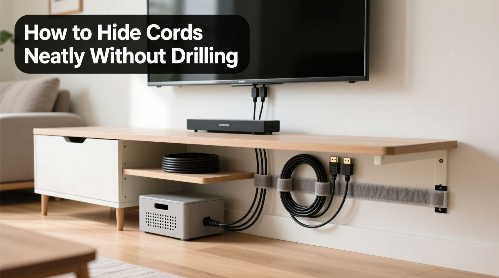 how to hide cords neatly behind your tv and desk without drilling
