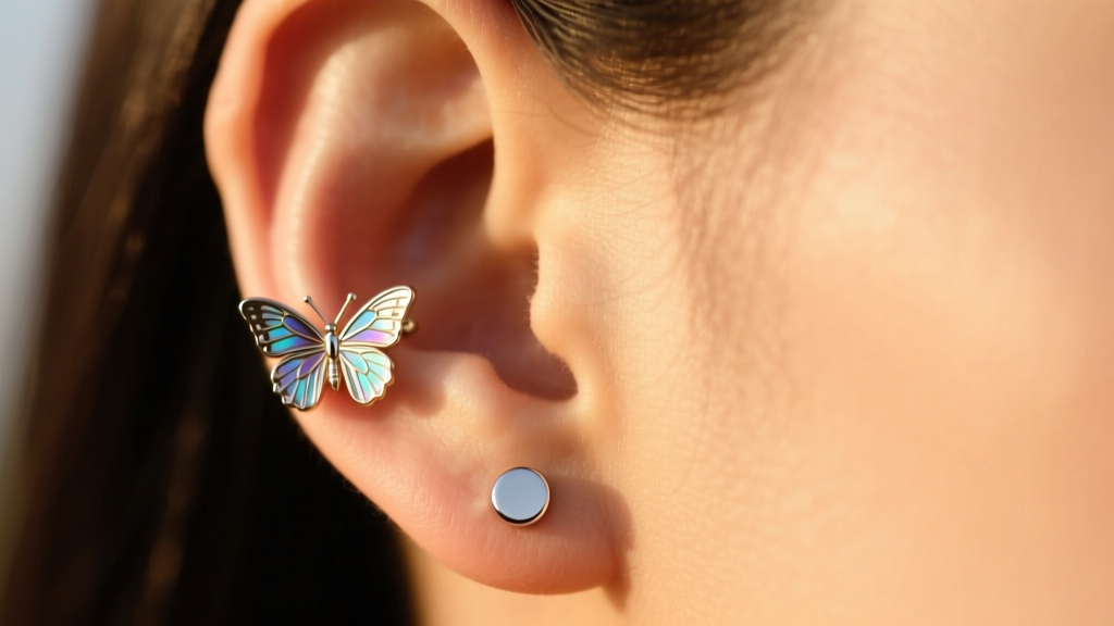 Side view of an earlobe with a butterfly clutch digging into skin next to a flush flat-back labret earring in soft, warm focus.