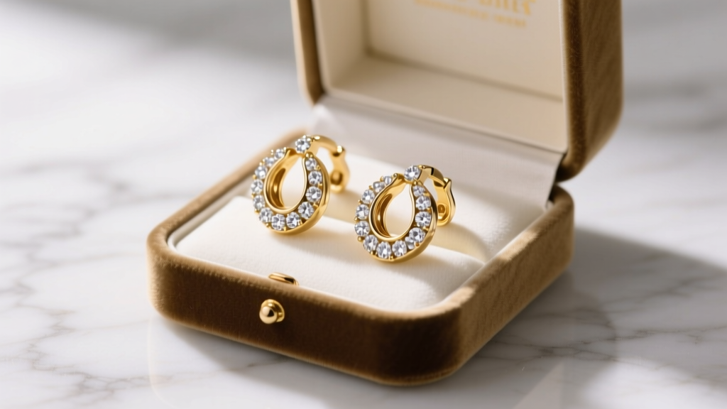 Velvet box holding 14k gold over the ear earrings with pavé diamonds, lit by soft studio lighting on a marble surface.