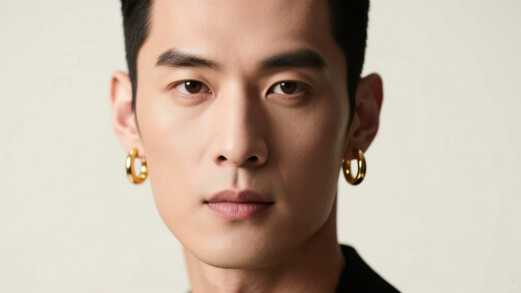Studio portrait of a man with a square jawline wearing 10mm gold huggie hoops under soft, directional studio lighting, sharp focus