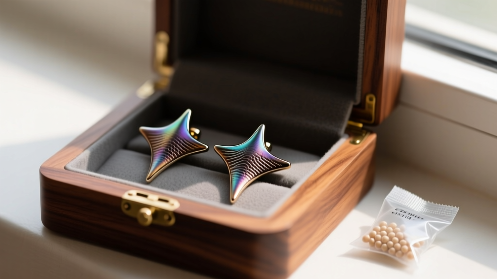 Stingray leather stud earrings resting in a cedar-lined jewelry box next to a silica gel packet for ambient humidity control.