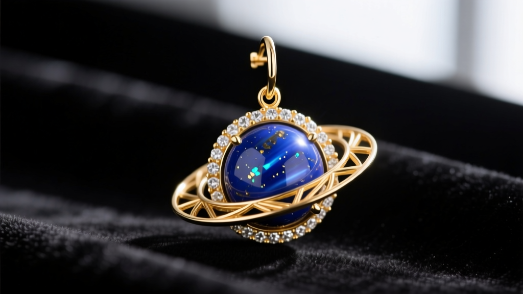 Macro photography of a 14k gold planet earring with a suspended lapis lazuli sphere and diamond orbital ring against dark velvet