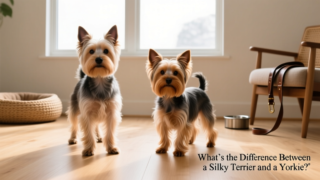Side-by-side comparison of a Silky Terrier and a Yorkshire Terrier standing on a light hardwood floor, highlighting their similar coat texture but subtle differences in size and ear shape