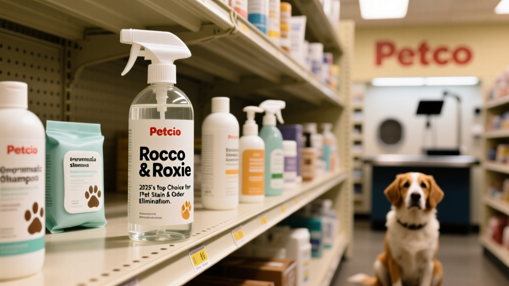 Rocco & Roxie bottle displayed on a Petco shelf next to other pet cleaning products