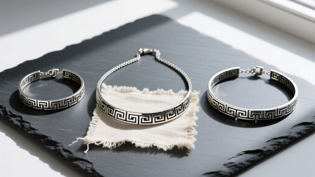 Flat lay of three silver Greek key necklaces of varying widths resting on dark grey slate, styled with a piece of vintage linen