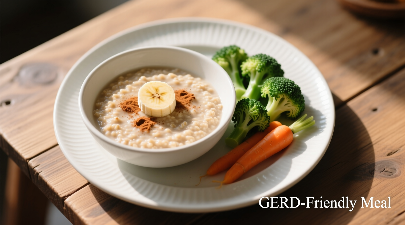 Plate of GERD-friendly foods including oatmeal, banana, and steamed vegetables