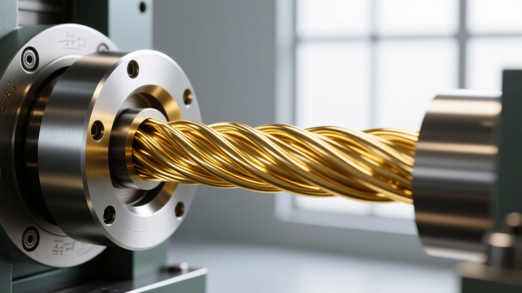Close-up of a steel draw plate with gleaming gold-filled wire being pulled through, highlighting the mechanical bonding process.