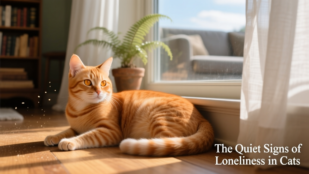 Orange cat lying quietly by a sunlit window, looking pensive