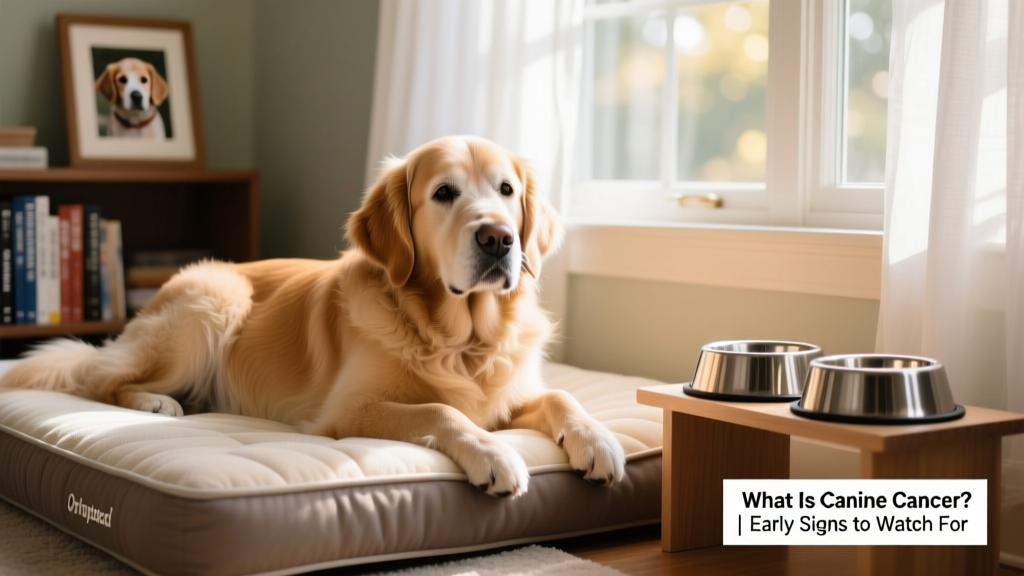 A senior dog resting comfortably on a plush orthopedic bed near a sunlit window, with elevated food and water bowls nearby