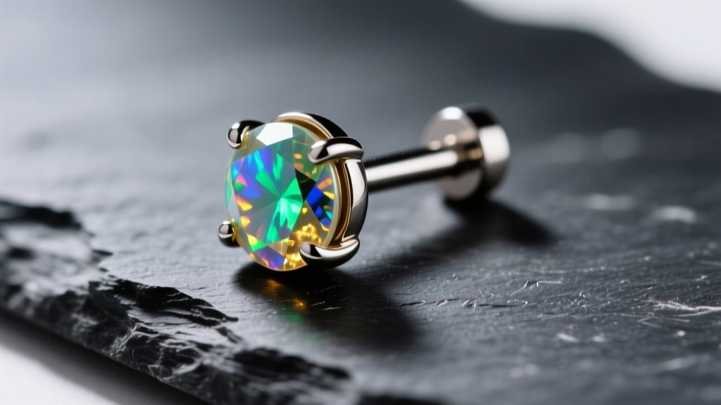 Macro shot of an implant-grade titanium labret stud with a prong-set opal, resting on dark slate with soft directional lighting.