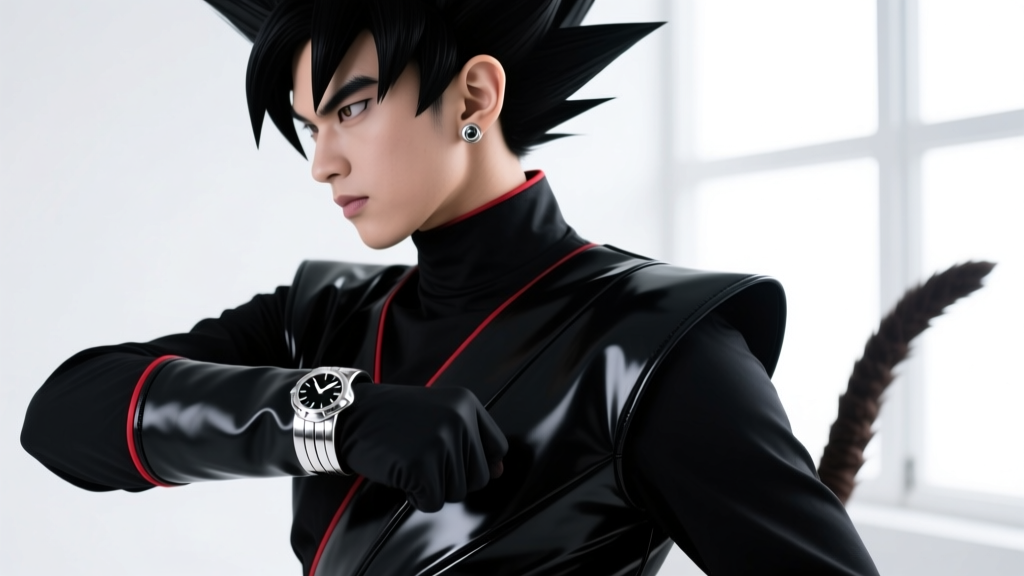 Cosplayer wearing a modified silver Time Ring cuff on their upper helix cartilage, styled with dark Goku Black apparel.