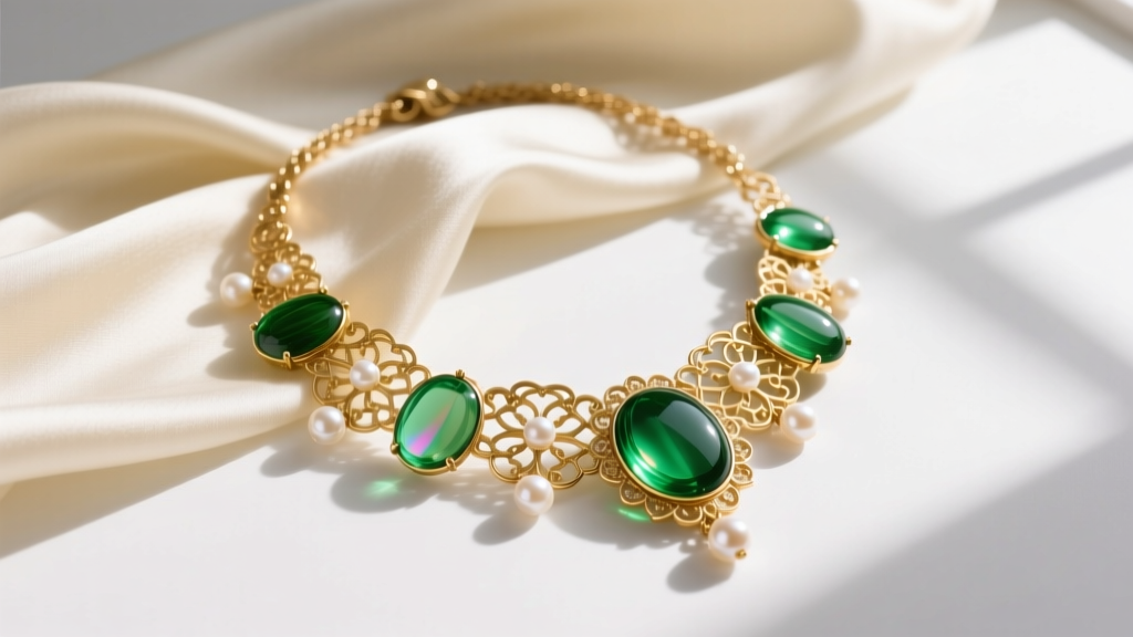 Flat lay of a vintage gold-tone Nina Ricci necklace with poured green glass cabochons and faux pearls on a cream silk scarf