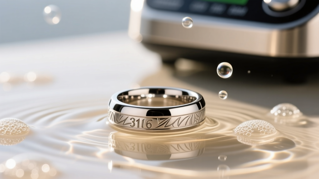 316L stainless steel signet ring submerged in warm soapy water, with an ultrasonic cleaner vibrating in the blurred background.