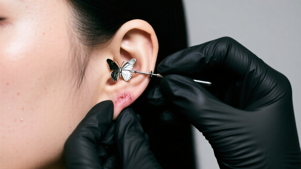 Piercer in black nitrile gloves examining a swollen earlobe with a stuck butterfly back earring under bright studio light