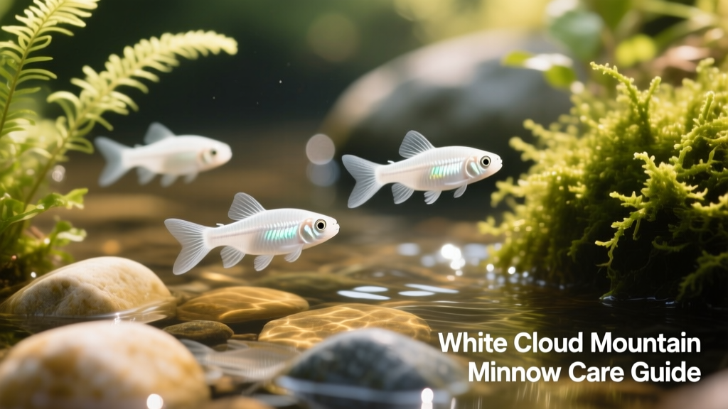 Close-up of white cloud mountain minnows swimming near lush aquatic plants and smooth river stones