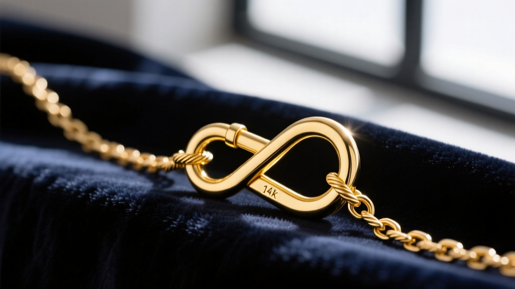 Macro photography of a polished 14k yellow gold S-hook clasp securely fastened to a delicate cable chain on velvet