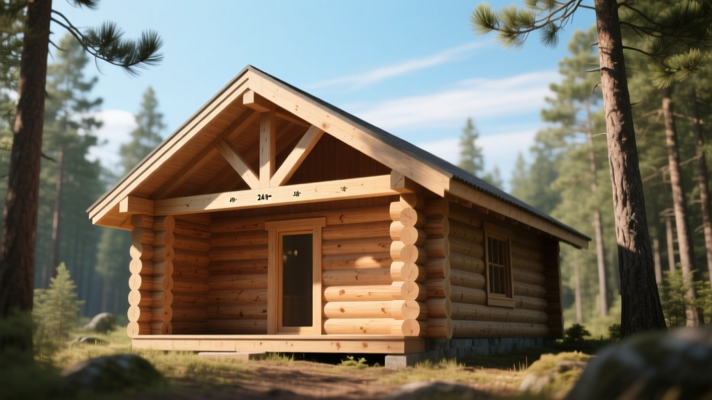 Partially framed wooden cabin in a forest showing 2x6 wall studs at 24-inch spacing and simple gable roof trusses under clear skies