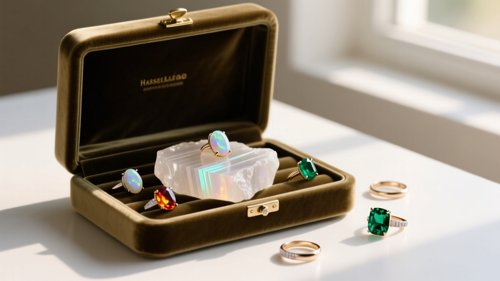 Velvet-lined jewelry box showing a raw selenite slab base surrounded by delicate opal and emerald rings in warm light.