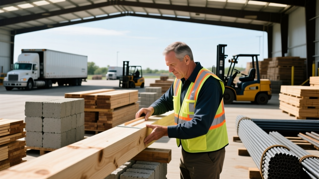 Contractor inspecting treated lumber and masonry supplies at a busy building materials distribution yard in Southfield Michigan