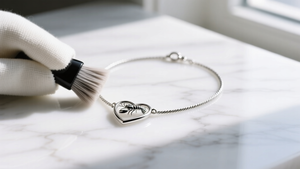 Microfiber cloth polishing a 1mm cable chain and lobster clasp of a silver heart necklace on a clean, bright white marble surface.