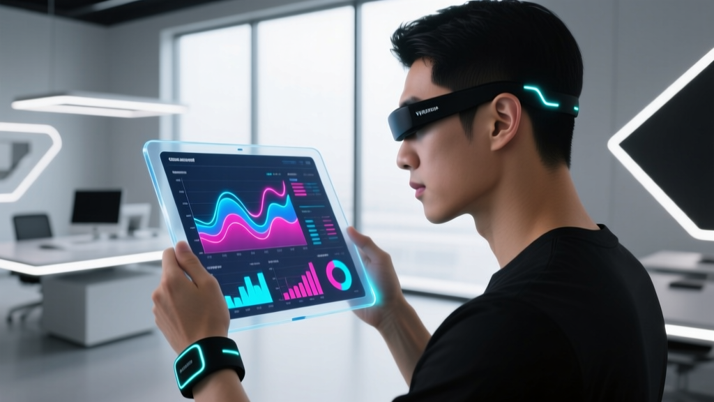 Side profile of a man wearing a matte black neural feedback wristband while reviewing data projections on a transparent e-ink tablet