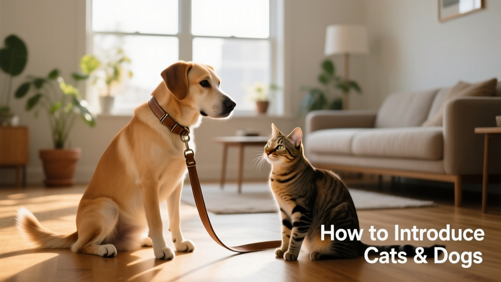 A calm, supervised first meeting between a seated dog on a leash and a curious cat observing from a short distance, both relaxed and unafraid