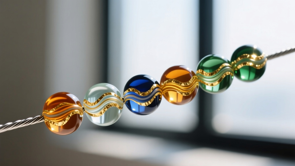 Macro shot of 12mm Murano glass beads threaded on steel wire, showing intricate gold foil inclusions and bright light reflections.
