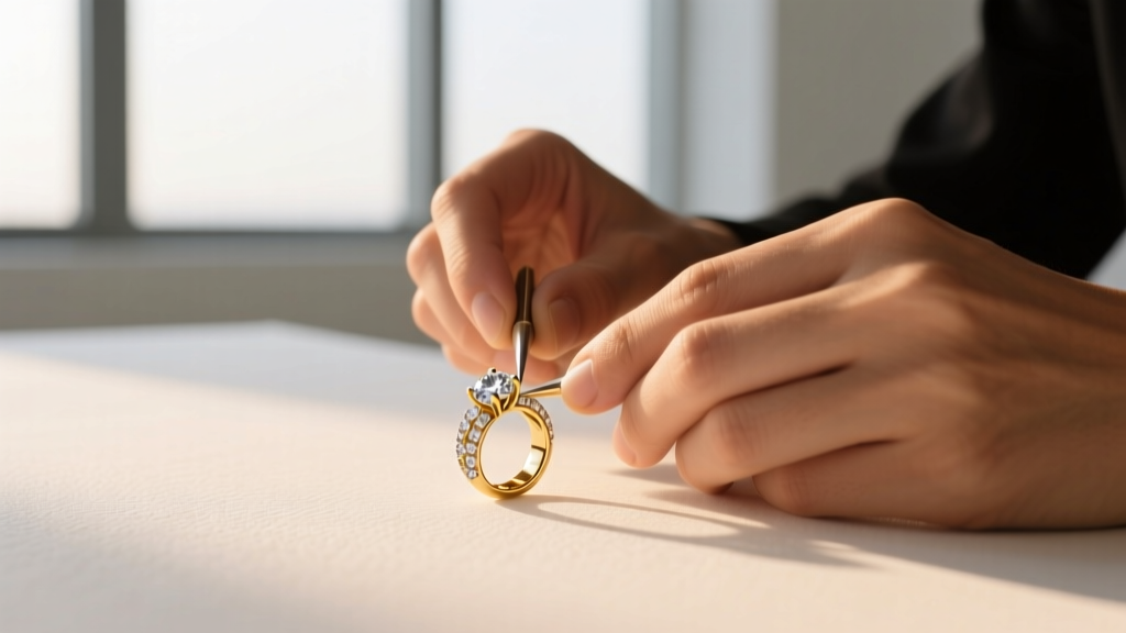 Jeweler's flat-nose pliers carefully adjusting a loose prong on a small cubic zirconia stone set in a silver crown pendant detail