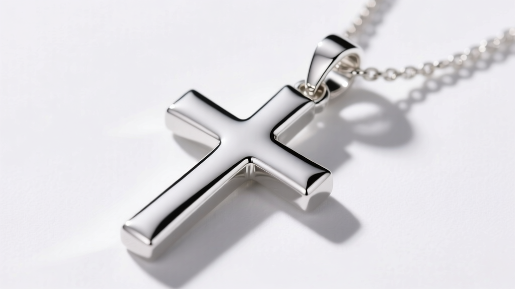Rhodium-plated sterling silver sideways cross pendant under bright light, emphasizing a high-polish, tarnish-free mirror finish.