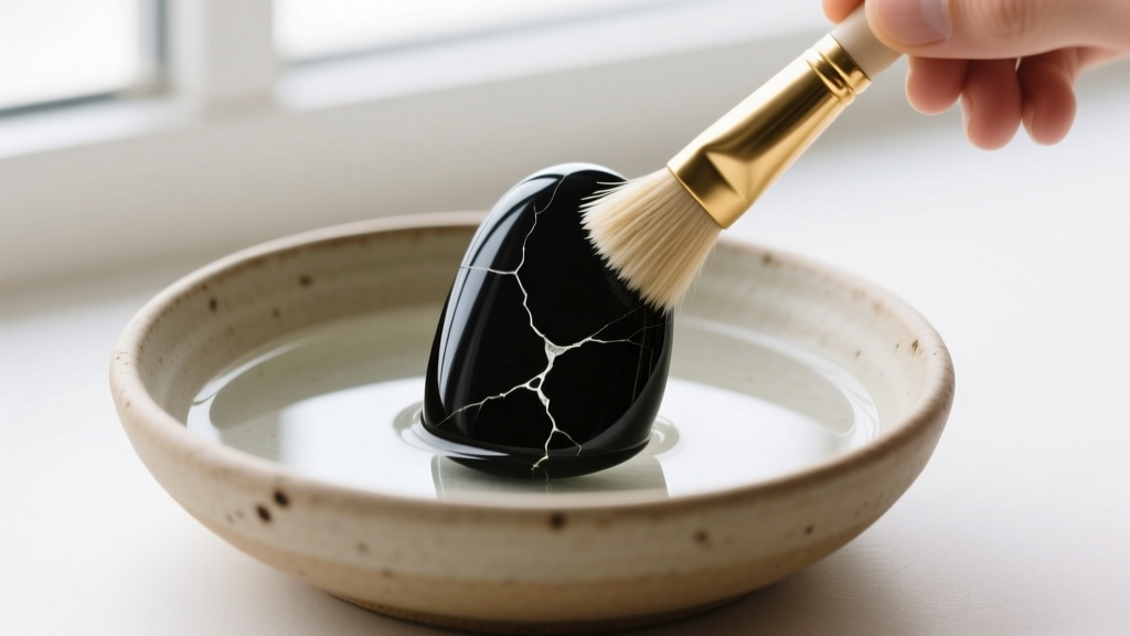 Soft brass brush cleaning a raw obsidian amulet in a shallow ceramic bowl of distilled water under bright natural window light.