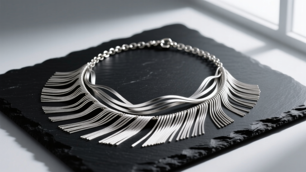 Flat lay of a layered fringe necklace with multiple 0.8mm stainless steel ribbon chains rippling over a matte black slate surface