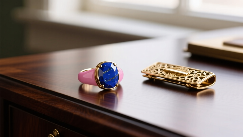 Heritage jewelry flat lay with a lapis lazuli pinky ring and gold money clip on a dark mahogany desk in soft natural window light.