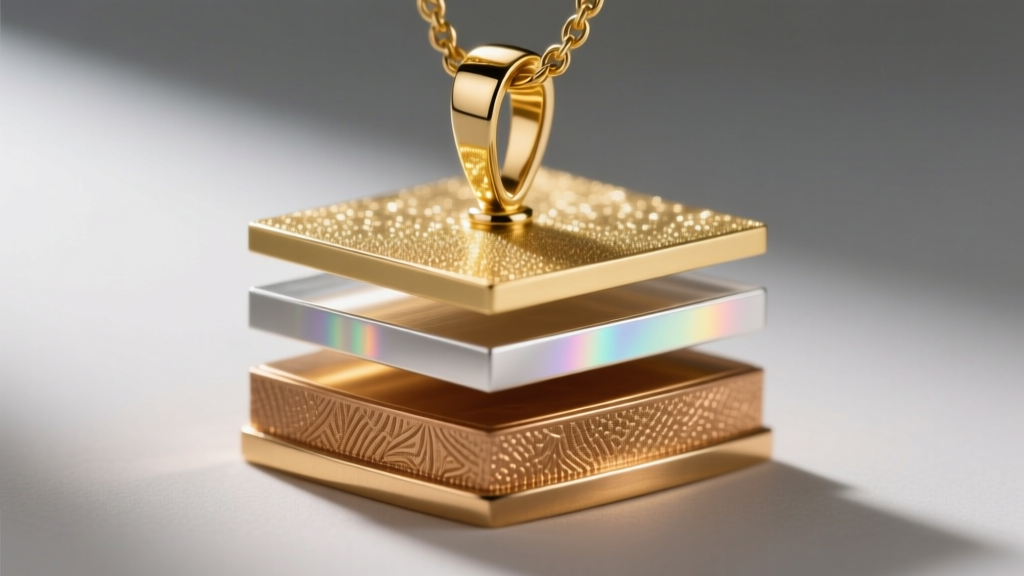 Cross-section illustration of a brass pendant base layer, palladium barrier, and 0.2 micron gold electroplating top layer