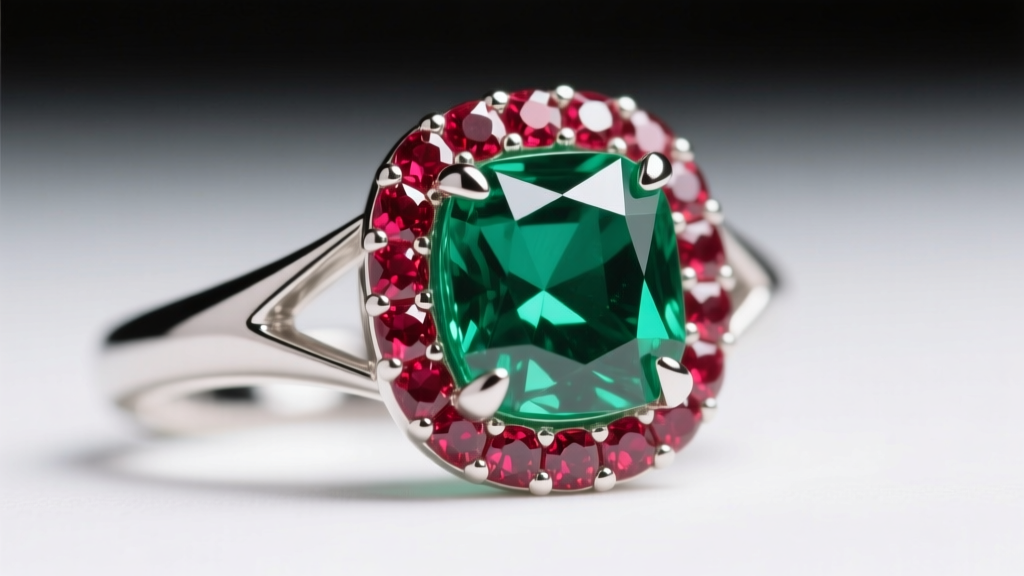 Close-up of a platinum V-prong setting securing the corner of an emerald-cut emerald, surrounded by a micro-pave ruby halo.