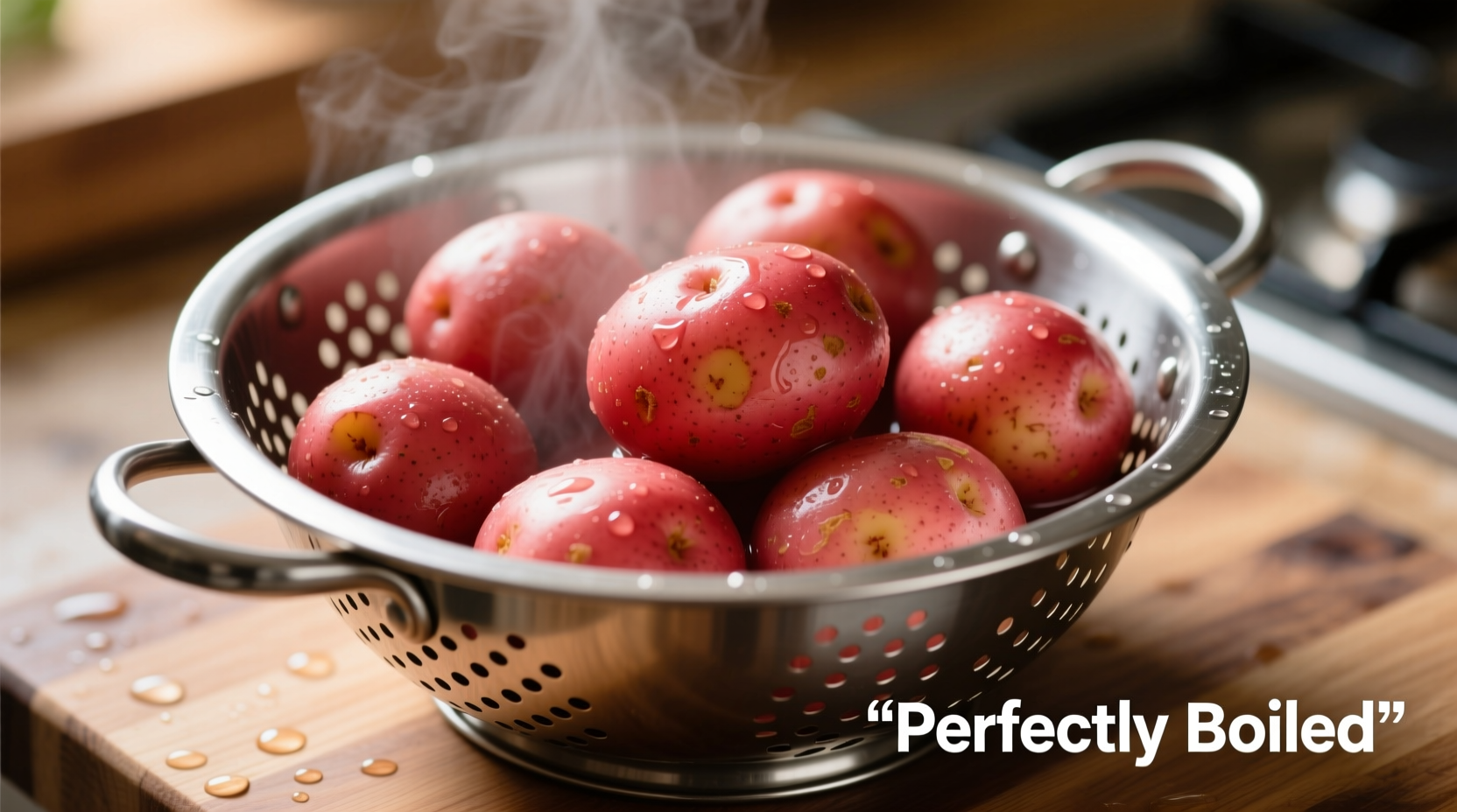 Perfectly boiled red potatoes in a colander