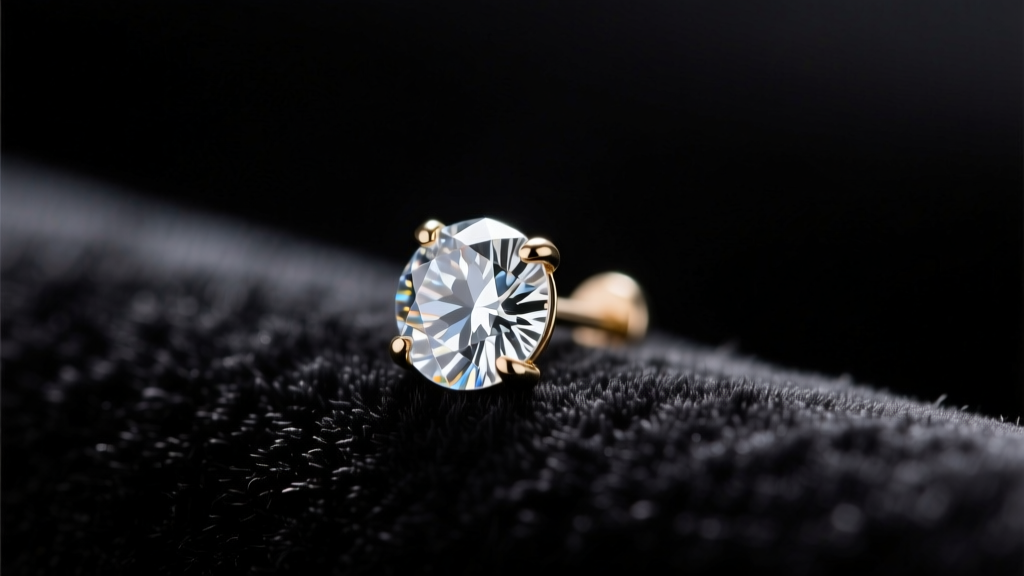 Macro photo of a 2mm diamond micro-stud earring resting on dark velvet, illuminated by soft, warm directional studio lighting.