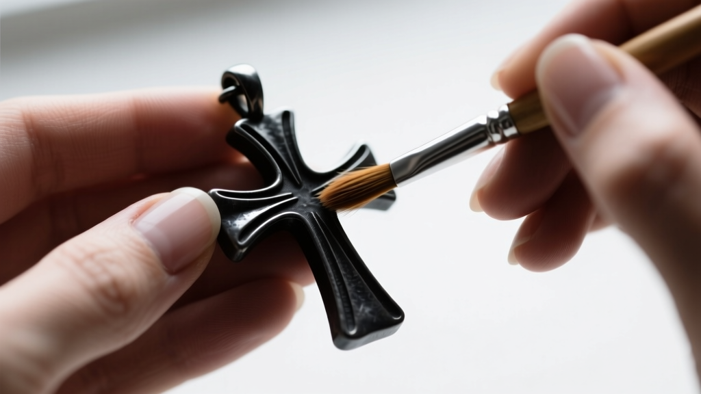 Jeweler hands using a soft bristle brush to clean deep crevices of a matte black oxidized three nail cross metal jewelry pendant.