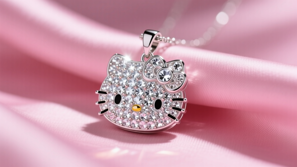 Sterling silver Hello Kitty pendant paved with clear rhinestones, resting on pink silk fabric under soft, warm studio lighting.